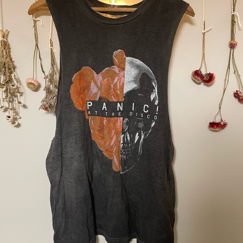 Black Panic and the Disco Tank Top with Skull and Floral Design
